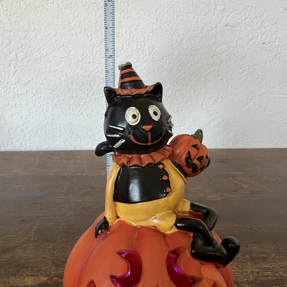 LIGHT-UP Battery Powdered Ceramic Halloween PUMPKIN Jack-O-Lantern Black Cat - Picture 7 of 7